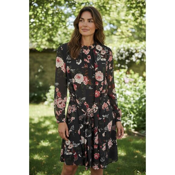 Ann Taylor LOFT Women's Black Floral Sheer Smocked Neck Dress Size 8 - Picture 1 of 5